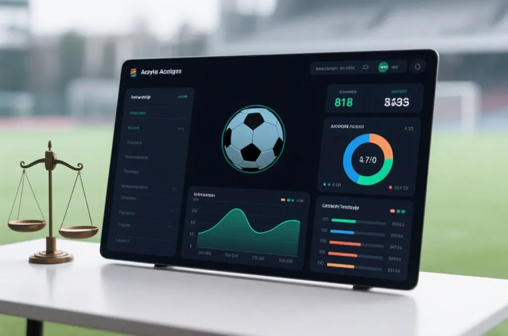 Clean and modern sports analytics dashboard showing generic soccer data charts and balance scales