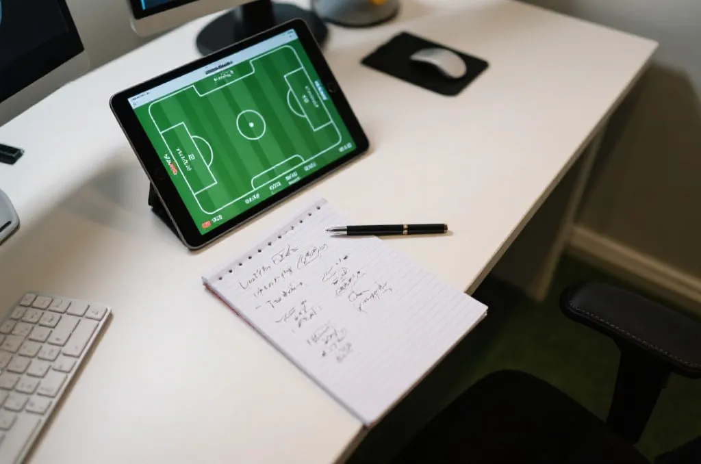 Overhead view of a workspace with a tablet displaying generic soccer match statistics and tactical notes on a notepad